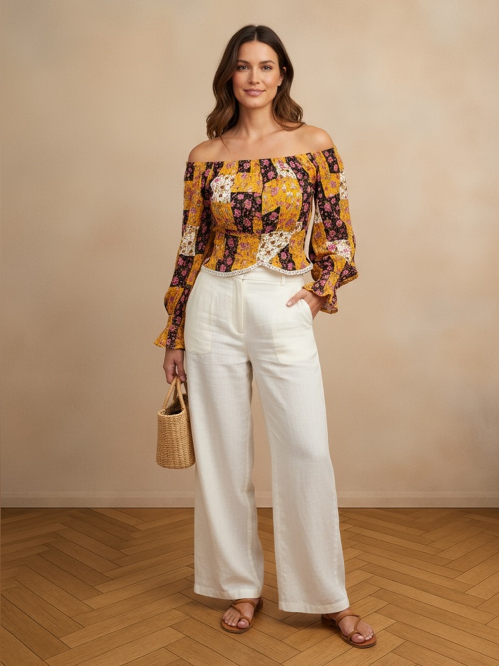 FLORA CRUSH OFF SHOULDER CINCHED WRIST SLEEVES BLOUSE Yellow